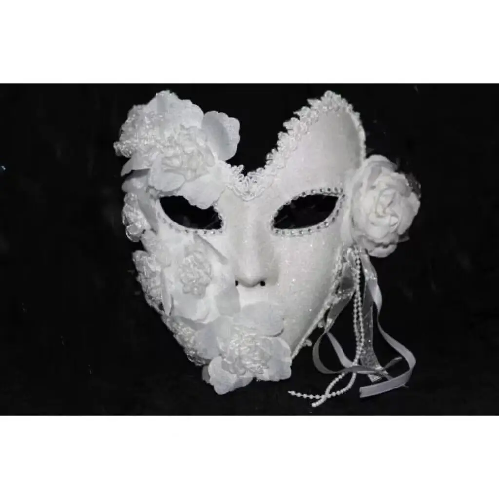 Venetian White Mask With Feather And Flowers For Men And Women