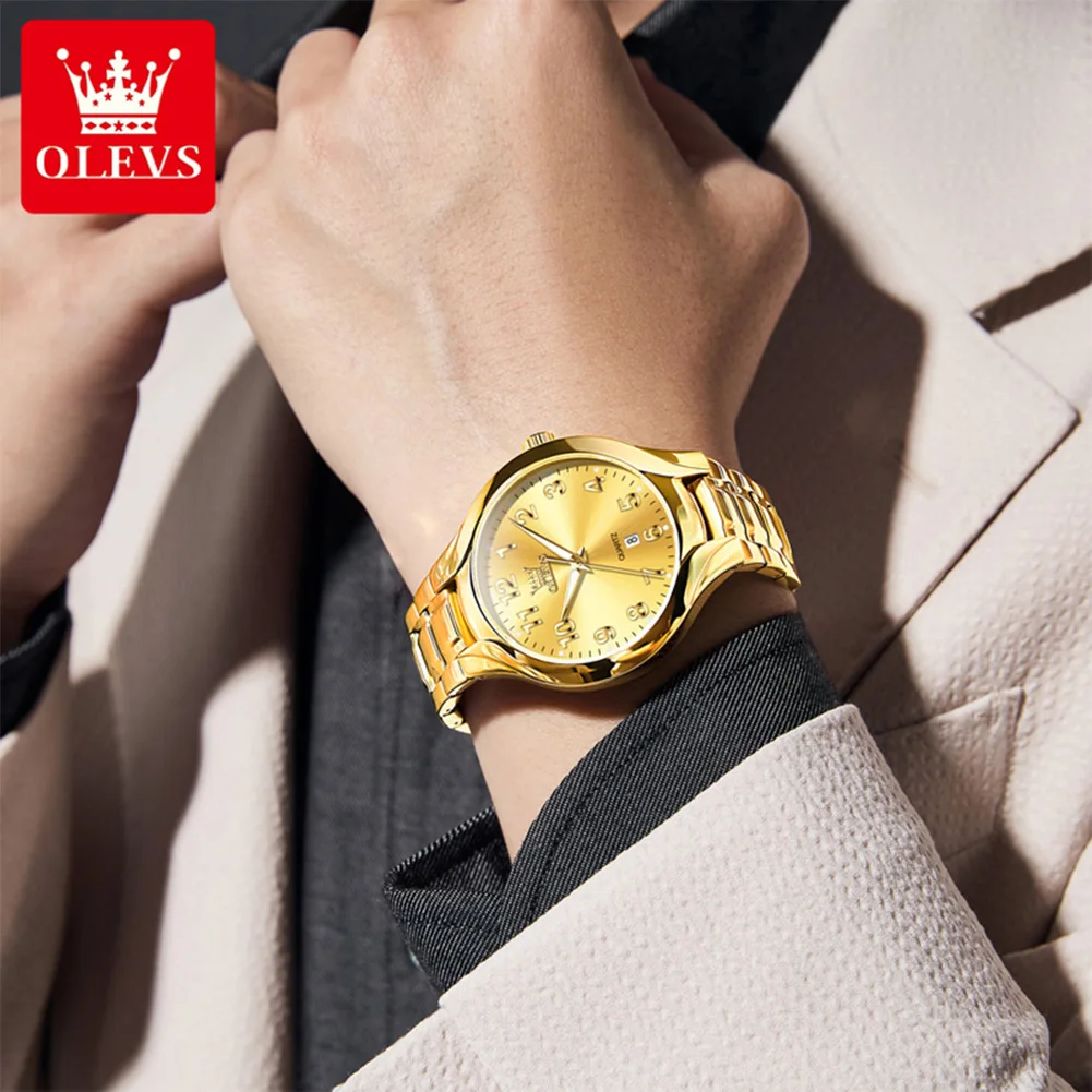OLEVS Men's Watches 3650G Top Brand Luxury Gold Original Quartz Watch for Man Waterproof Luminous Date Arabic Numerals Dial relo