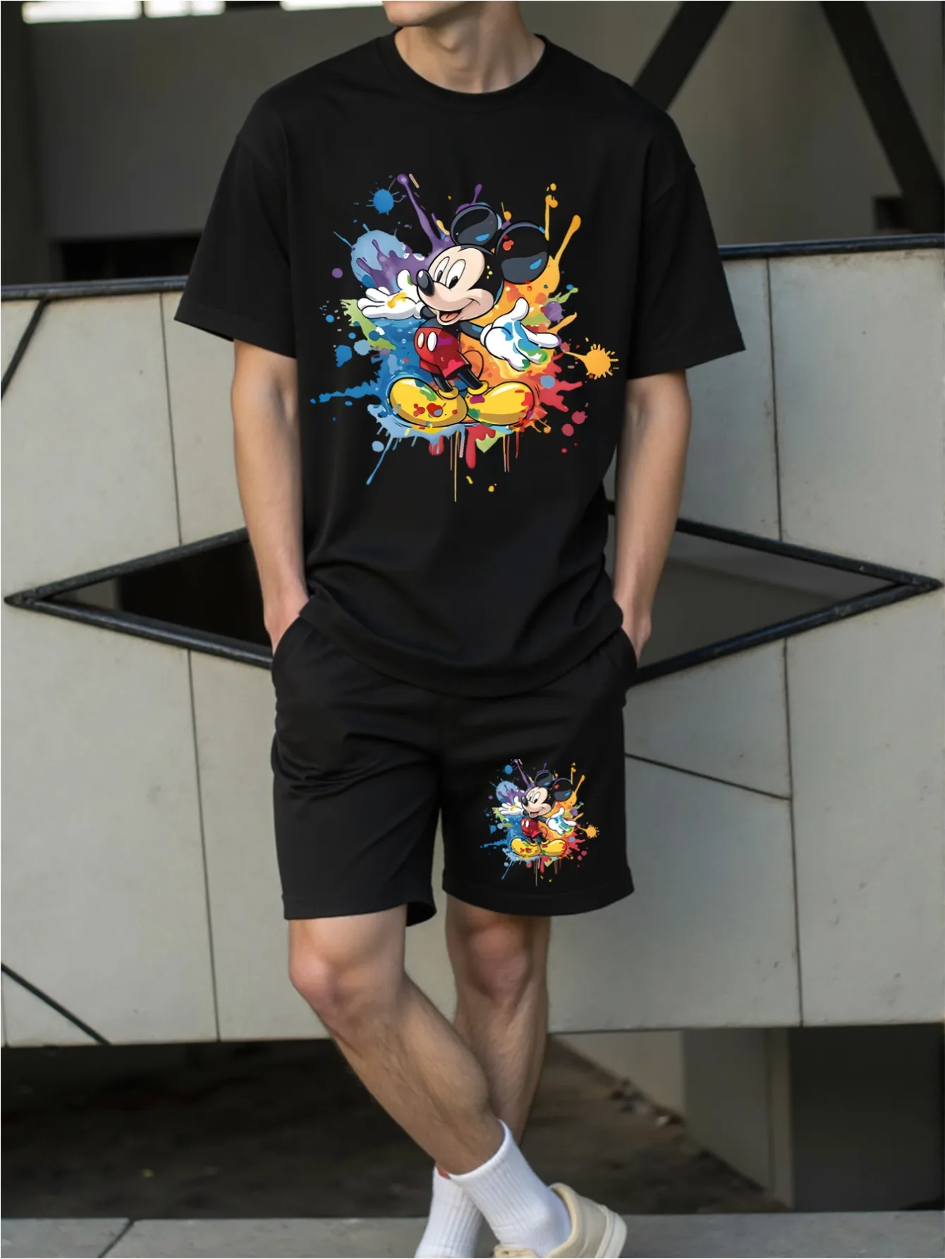 

Мужская футболка и шорты с принтом Микки Мауса, летний повседневный топ с короткими рукавами и милым рисунком, мужская модная футболка Y2K