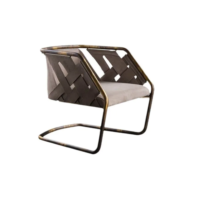 

Retro armchair, handmade leather woven dining chair, simple stainless steel electroplated backrest leisure chair