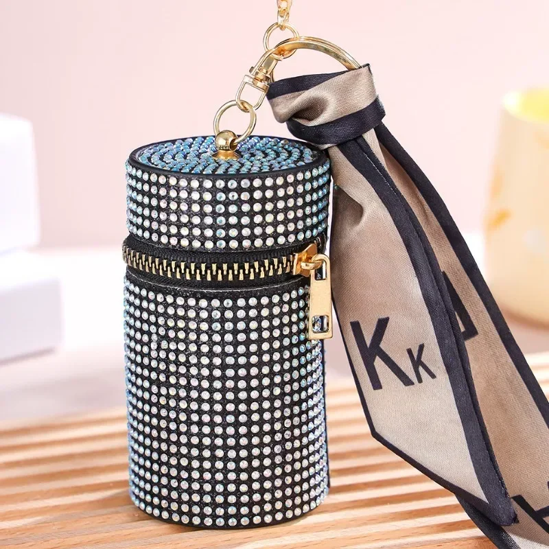 New Cylindrical Stylish Rhinestone PU Mini Lipstick Bag with Silk Scarf Keychain Portable Coin Purse Women Accessories Gift