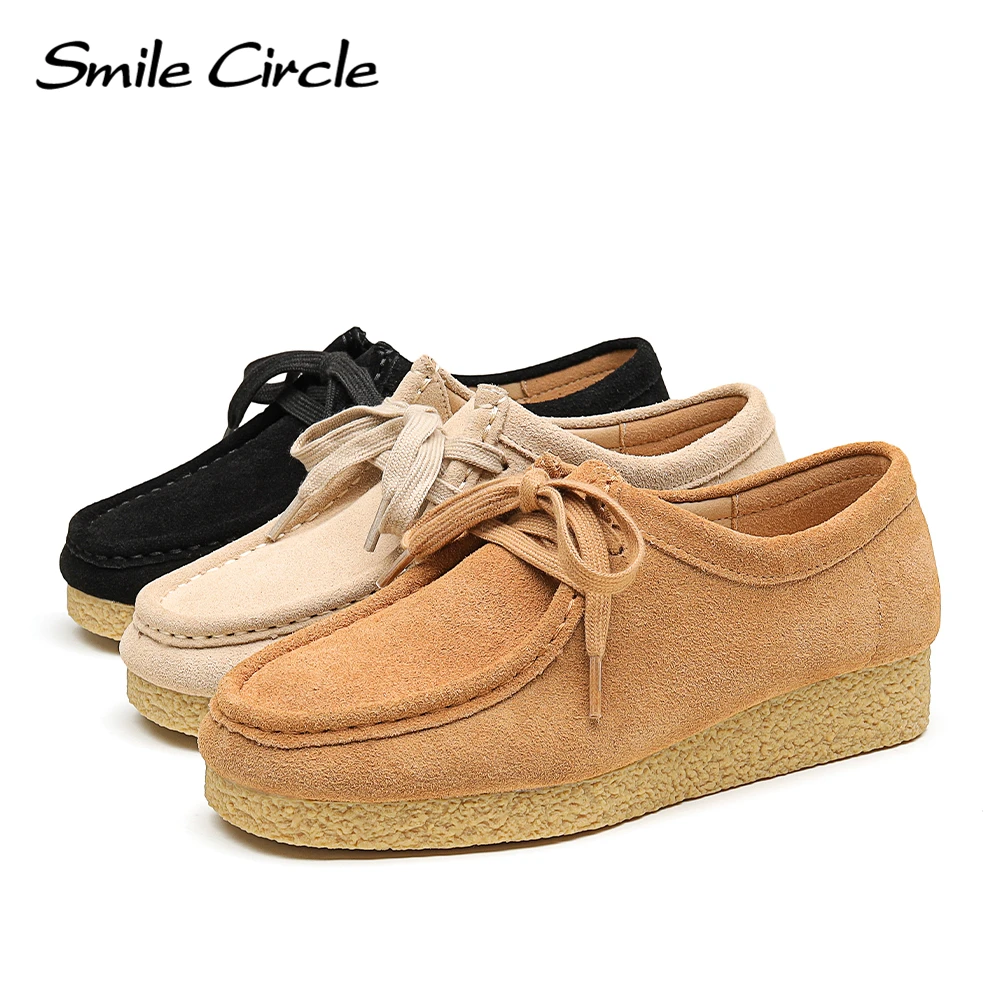 Smile Circle Wallabee Suede Leather Flat Shoes Women Lace-up Derby Shoes Autumn Casual Oxfords