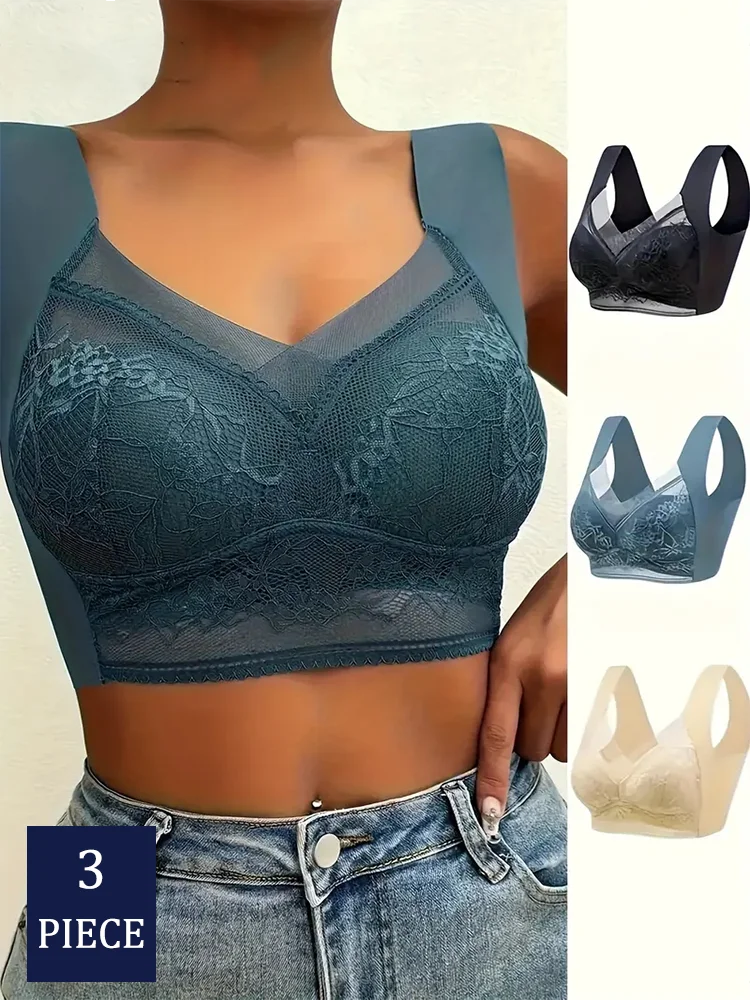 3Pcs Women Lace Bra Perspective Push Up Ice Silk Deep V Bralette Bra Sexy Lingerie Tops Plus Size Cup Mom's underwear L-5XL