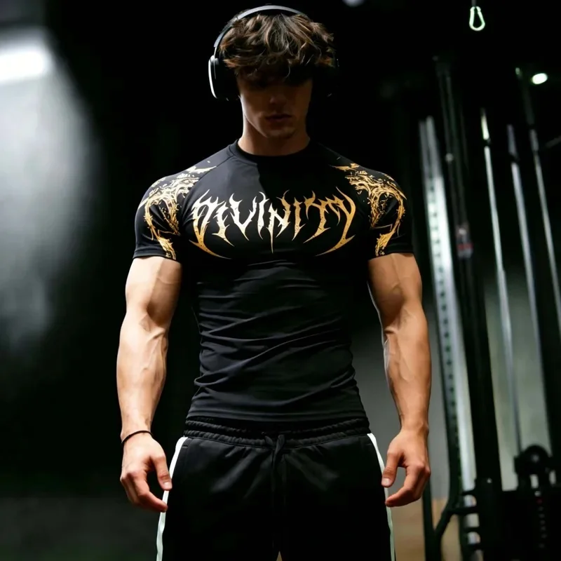 Men's Short Sleeve Floral Gothic Printed Compression T-Shirt High Elasticity Quick Dry Fitted for Workout Training