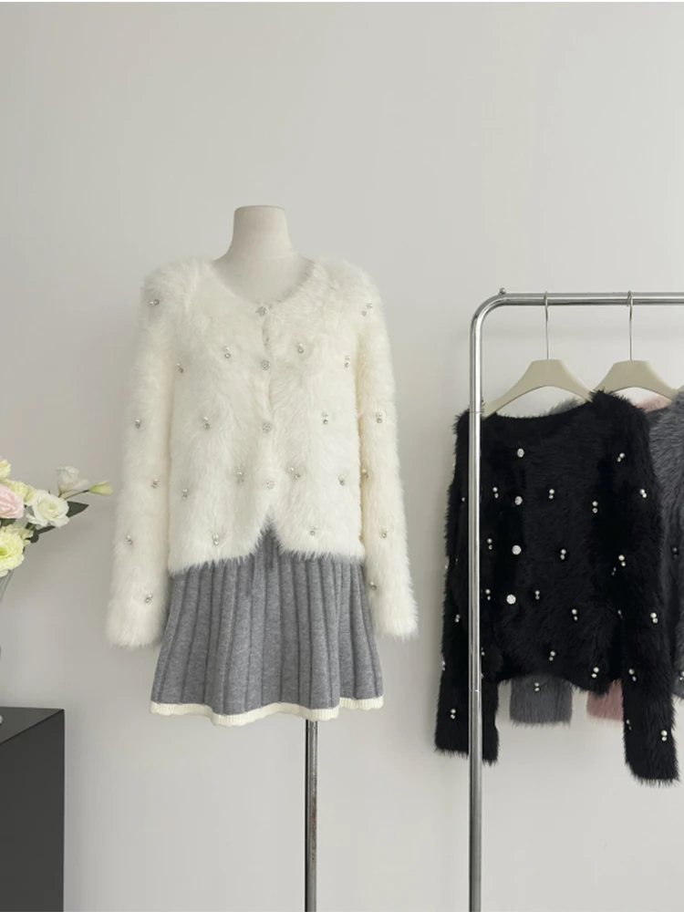 Autumn Winter Woman Old Money Pearl Cardigan Sweater Long Sleeve Fluffy Knitwears Jumper Old Money Luxury Romantic Elegant Chic