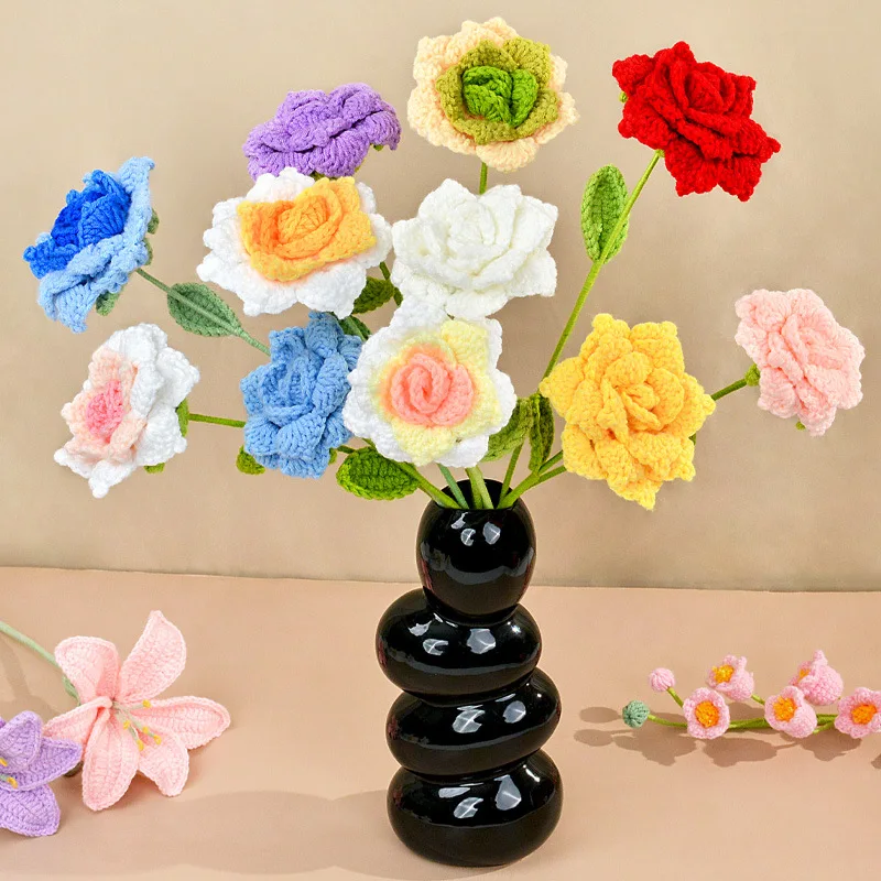 1 x handgefertigte Häkelblumensträuße, gestrickter Rosenstrauß aus Stoff für DIY-Heimdekoration, Geschenk für Frau, Frau, Mutter, Freundin, Liebhaber – Detail 1