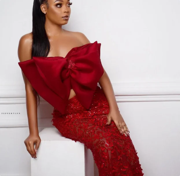Dark Red Mermaid Evening Gown with Big Bow Strapless Satin Lace Formal Prom Dress for Girls Party Occasion 2025 view 3
