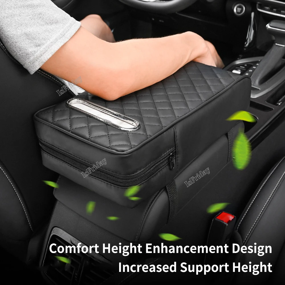 Car Armrest Cover Leather With Tissue Storage Memory Foam Height Pad Universal Auto Center Armrest Protective Cushion Support