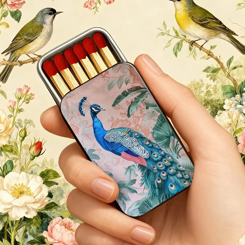 Peacock Floral Metal Match Tin, Small Portable Rectangular Matchbox Holder, Vintage Decor Storage Case for Matches Small Items