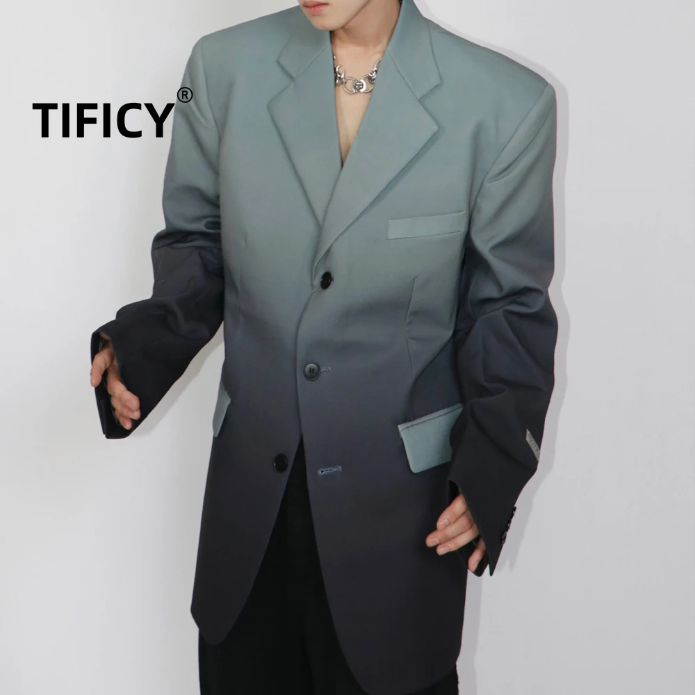 

High Street Blazers Jacket Men's Spring Gradient Shoulder Padded Suit Jacket Simple and High-end Loose Suit Top