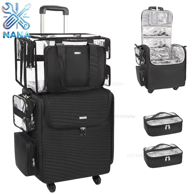 Relavel Large Clear Makeup Train Case 4 Wheels Hair Stylist Traveling Bag Storage Organizer Adjustable Dividers
