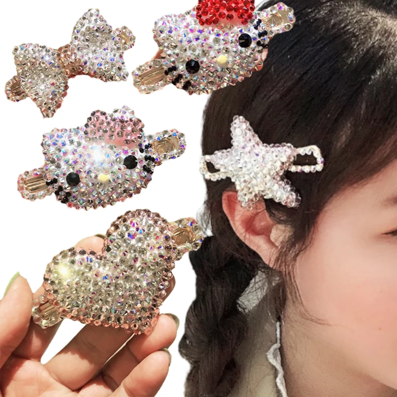 New Hello Kitty Kawaii Full Diamond Hair Clip Fashion Girls Children Party Cute Shiny Rhinestone BB Clip Hairpin Hair Accessory