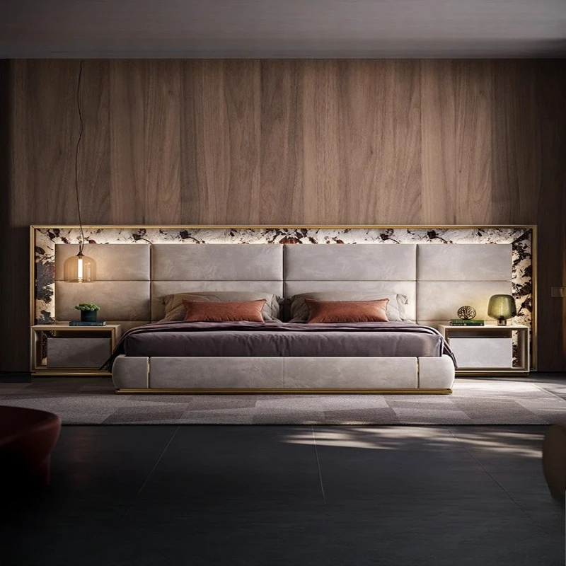 Light luxury leather soft bed master bedroom Superior villa large flat floor model room designer frosted fabric double bed