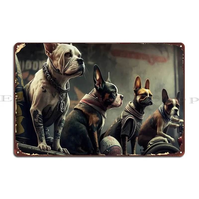 Biker Gang Of Tough And Mean Looking Dogs With Tattoos Lined Up Metal Plaque Bar Design Classic Club Plaques Tin Sign Poster