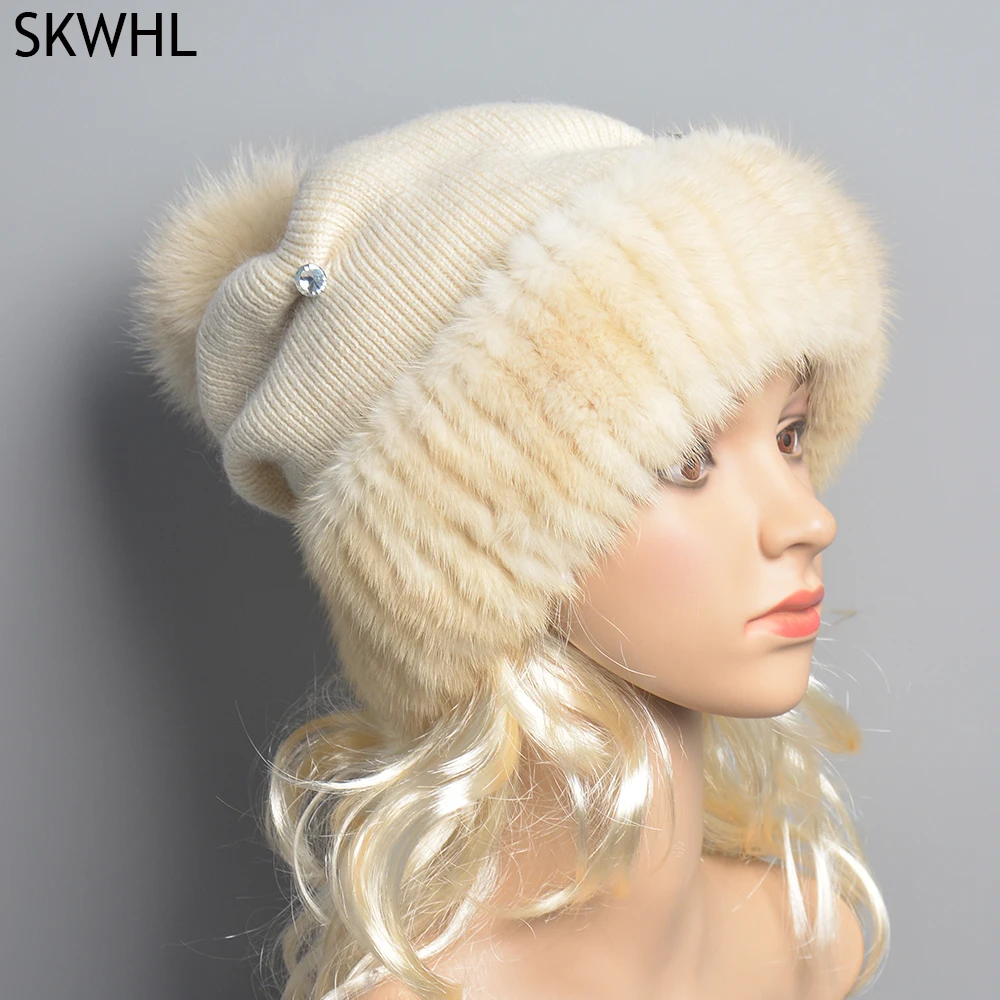 Top Quality Women\'s Winter Knitted Wool Belend Patchwork Real Mink Fur Hat Cap Natural Fox Fur Pom Poms Beanie Lady Fashion