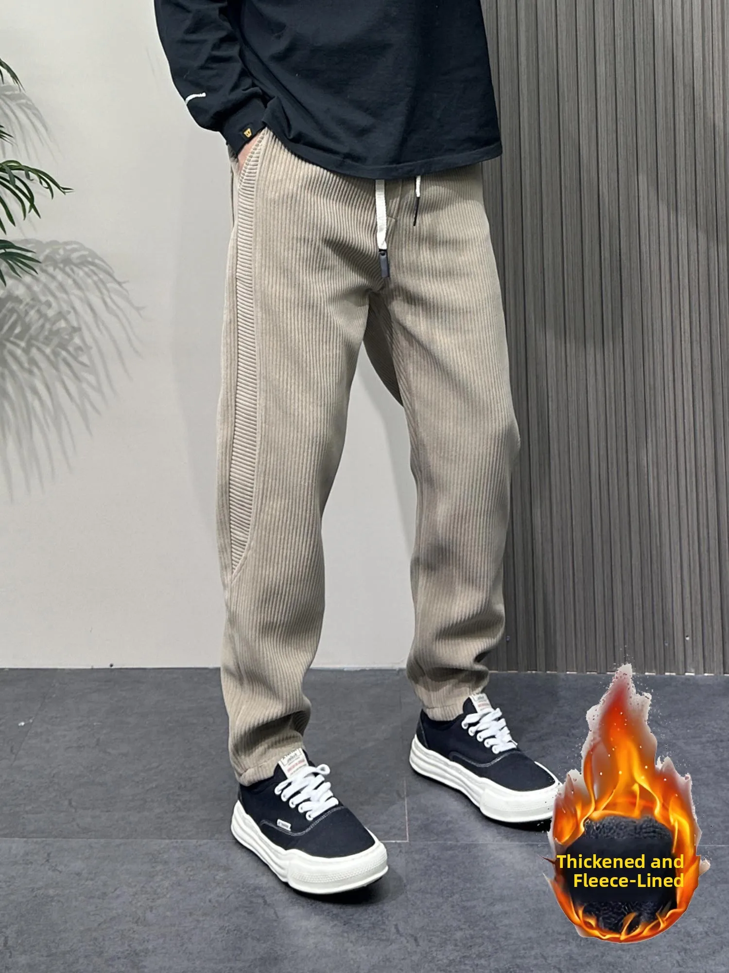 

New 2025 Men's Corduroy Fce Lined Casual Pants Zipper Tapered Loose Harlan Straight Leg Non Deformable Polyester Fiber