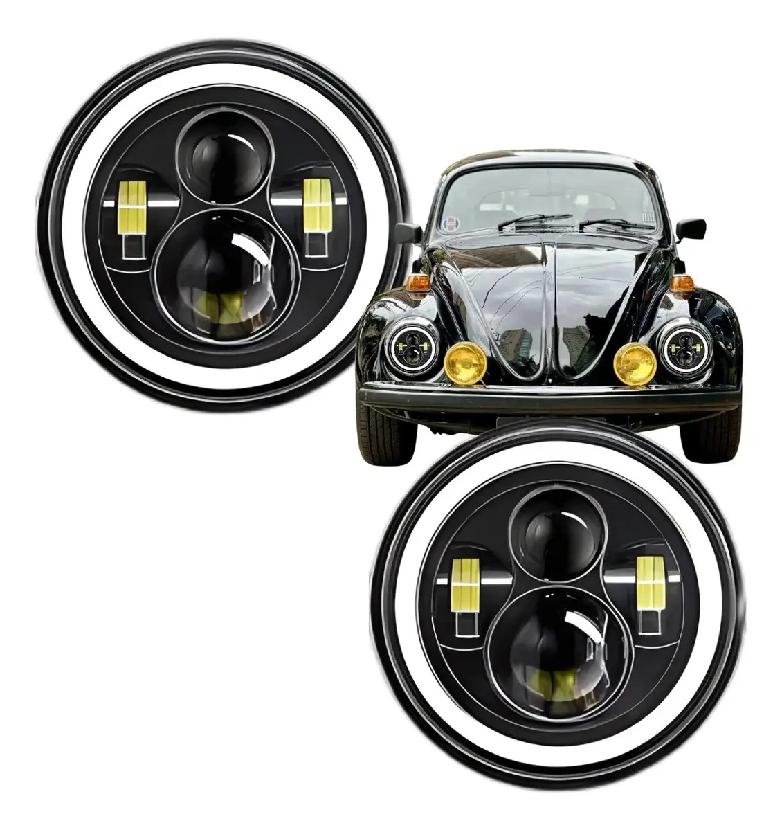 2PCS 7 Inch Automotive Round LED Headlight DRL Hi/Low Beam Retro Lamp For VW Beetle VW Transporter T1 Jeep Wrangler