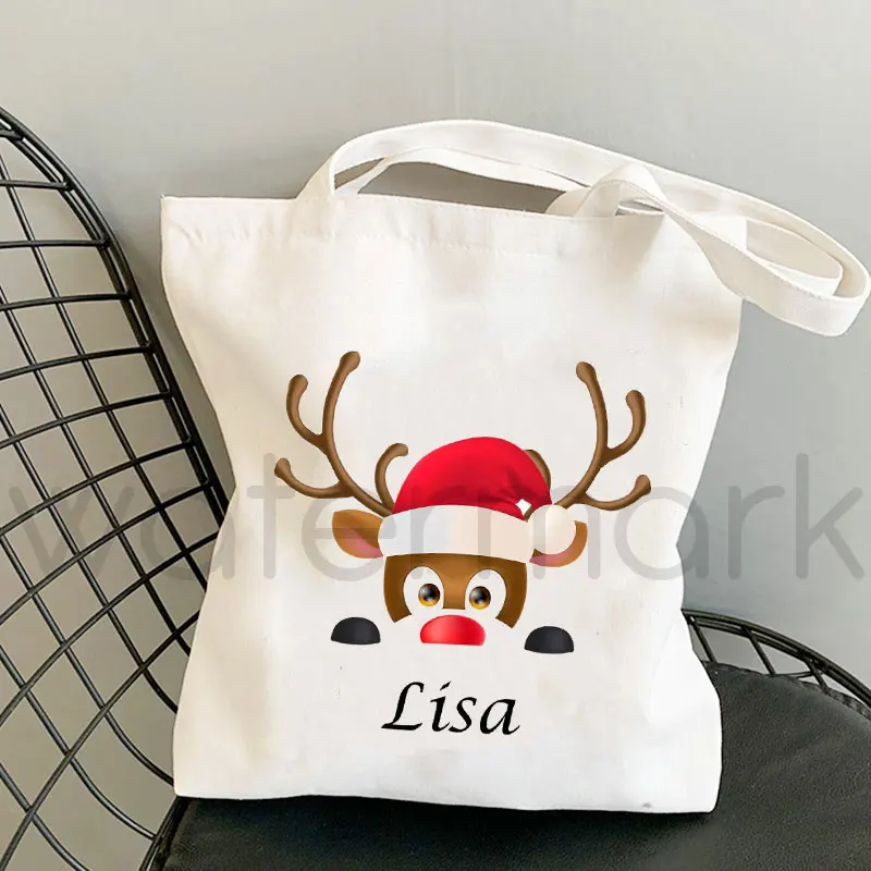 Name Customization Merry Christmas Present  Friendly Reusable Carrying Canvas Shoulder Bag Shopping Tote Bags Eco Cloth Handbags