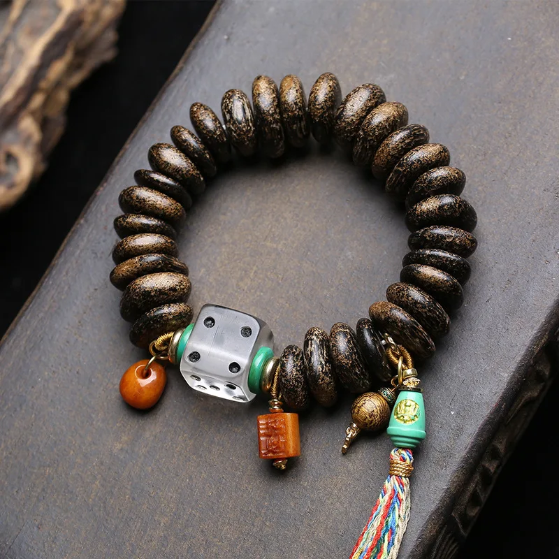 Natural agarwood square tablet, cultural plaything, bracelet, single loop, vintage material, dice, reflux bone clasp, accessory