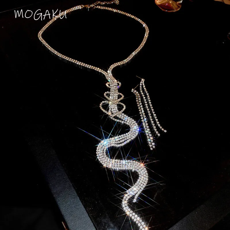 MOGAKU Fashion Hollow Heart Long Tassel Necklace Earrings for Women Shiny Rhinestone Party Sexy Jewelry Sets Accessories Girls