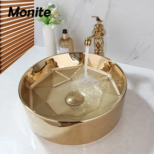 Monite-Ceramic Round Tap Set for bathroom, washbasin, pop drain sink, diamond mixer, gold bathed 6 Main Sales Cuba Sink Bathroom - №3