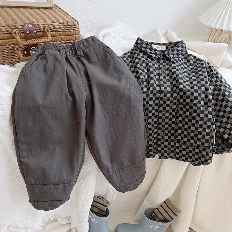 2025 Autumn New Children Loose Trousers Solid Boys Loose Pants Fashion Girls Pocket Pants Baby Harem Pants Cotton Baby Clothes image 4
