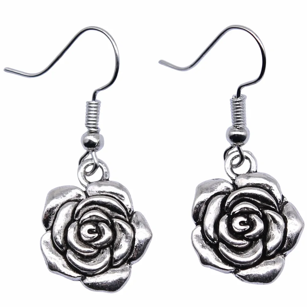 Fashion Handmade Simple Design Antique Silver Color Rose Pendant Earrings Women Vintage Drop Earrings