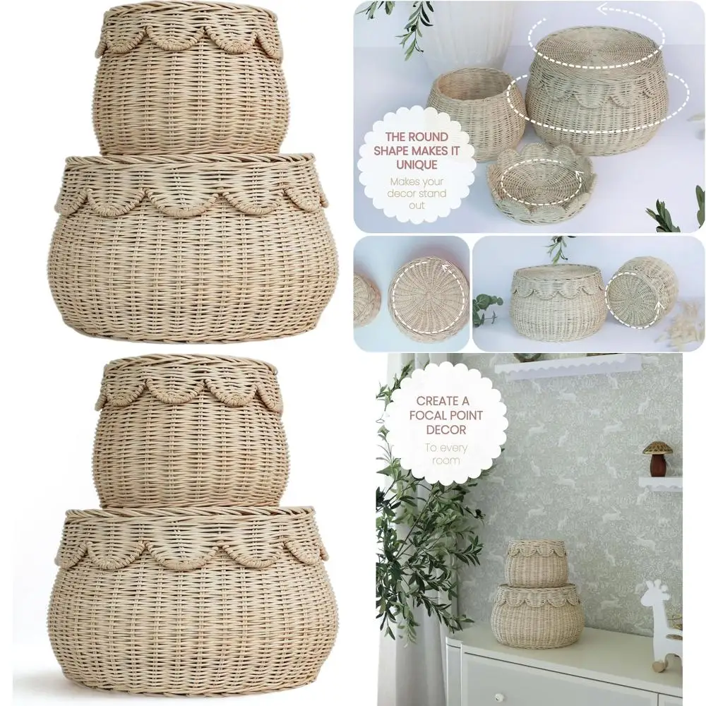 

Набор из 2 маленьких круглых корзин для хранения из натурального ротанга с крышками - декор в стиле бохо для полок и столешниц