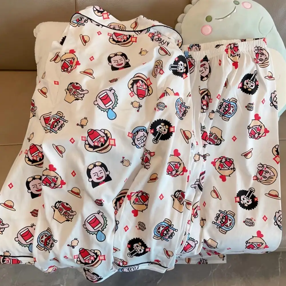 One Piece Luffy Cotton Cardigan Cute Pajamas Soft and Skin Friendly Spring Autumn Sleepwear Set Man Women Home Anime Clothes