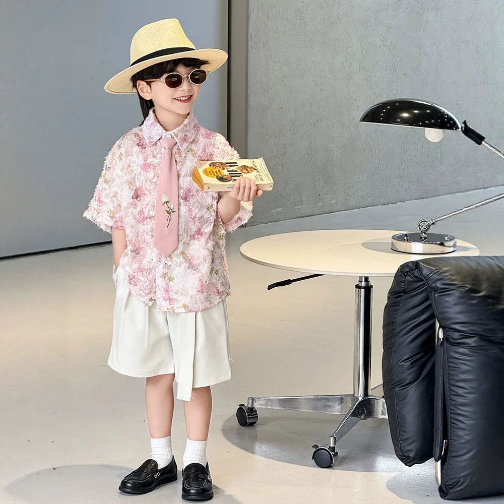 Boys 3Pcs Floral Outfit Set Pink Butterfly Print Shirt + Beige Shorts with Tie Summer Kids Vacation Wedding Birthday Party Wear