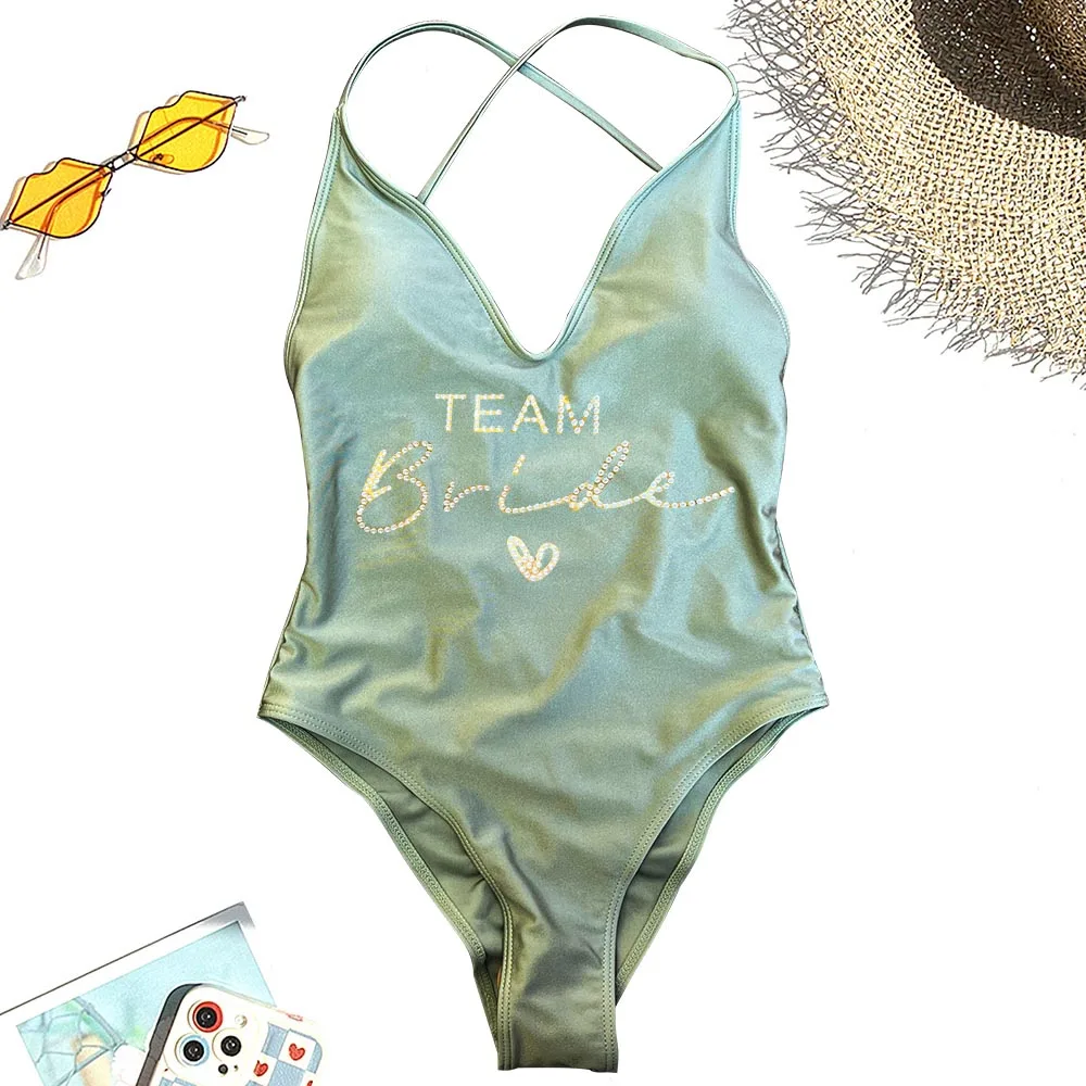 

New One Piece Team Bride Swimsuit Women Swimwear Diamond Sexy Beachwear Female Swim Suit Backless Bodysuit Solid Bathing Suit