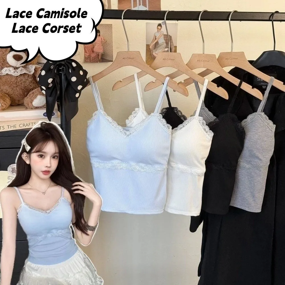 

Spicy Girl Style V Neck Lace Camisole with Chest Cushion Sleeveless Lace Corset Tanks Streetwear Suspender Vest Travel