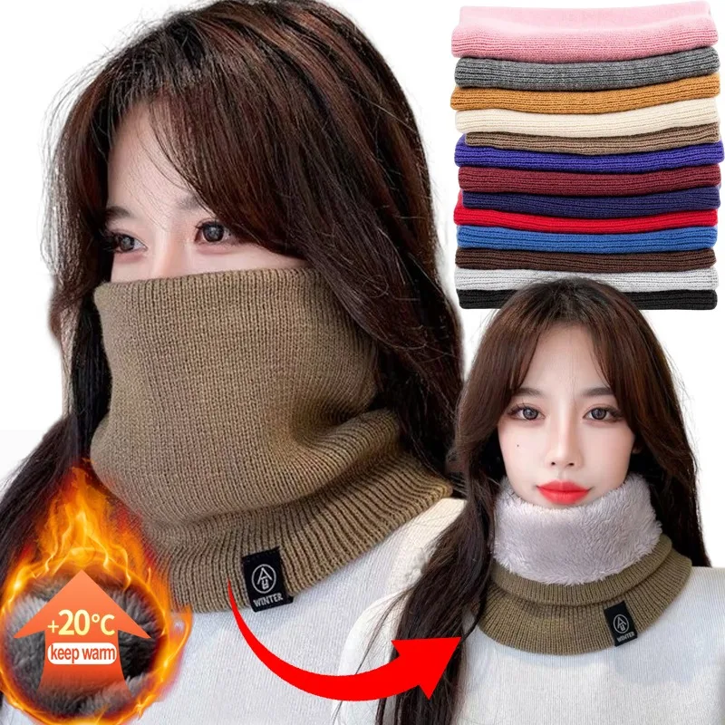 Solid Winter Plush Muffler Woolen Knitting for Women Fleece Ring Bandana Scarf Neck Warmer Buff Thick Cashmere Headband Ski Mask