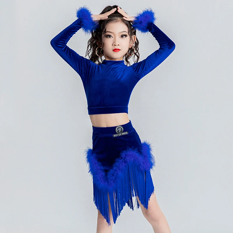 Kids Professional Latin Dance Clothes Blue Velvet Top Fringed Skirts Girls Performance Latin Dance Costumes Stage Dresses SL9184