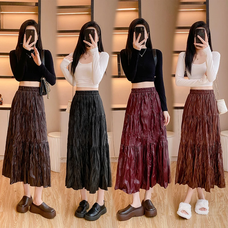 Autumn Winter PU Leather Pleated Skirt Women Elegant Elastic High Waist Work Dance Party Long Skirt Maxi Solid Color