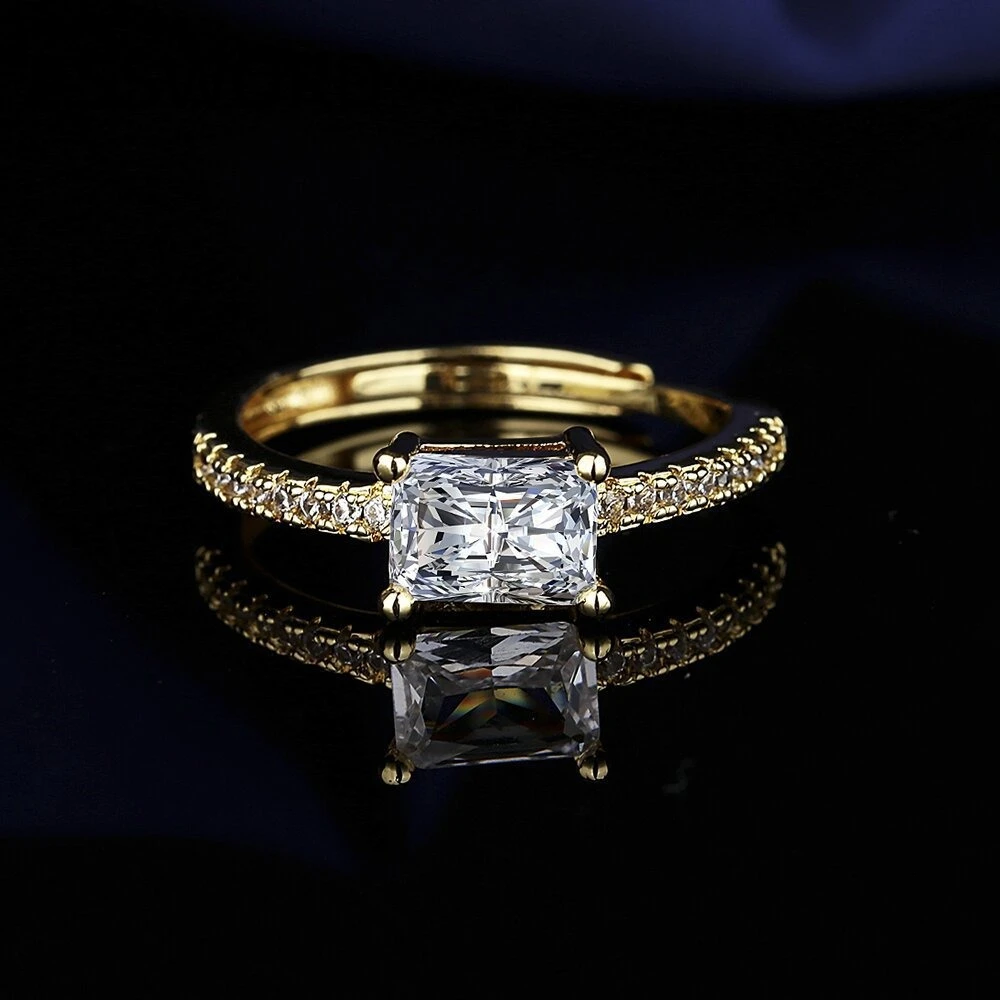 925 Sterling Silver Gold Plated Adjustable Open Ring for Women Emerald Cut Cubic Zirconia Side CZ Engagement Fine Jewelry Gift