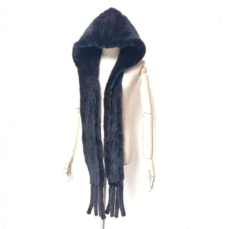 2022 Women Winter New Knitted Real Mink Fur Hat With Scarf Fashion Long Natural Fur Scarves Hooded Female Genuine Fur Caps