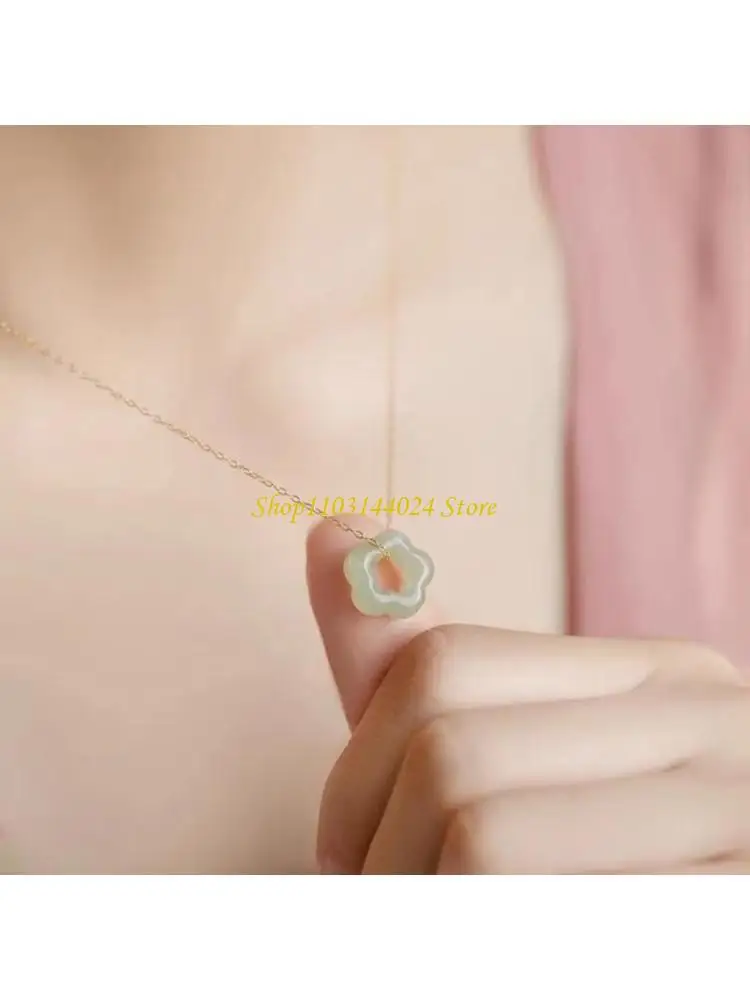 N5KE Hollow Carved Flower Shaped Pendant Necklace Natural Hetian Jade Necklace Simple Dainty Choker Exquisite Jewelry