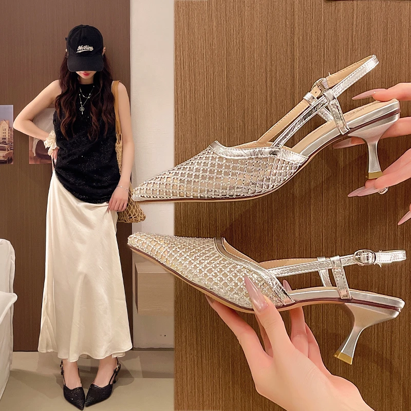 

Summer New Hot Open-Toe Sandals for Women, Fashionable Pointed Toe, Stiletto Heels, Gorgeous Sequin Low-Cut Shoes