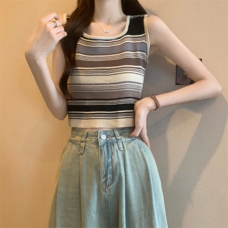 Stripe Women's Camisole Vest Knitted Sweater Sleeveless T-shirt Short Top Coat Youth Elegant High Quality Knitwear Green