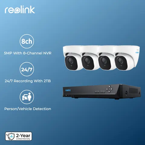 Reolink 5MP 카메라 시스템, 사람 차량 감지, 8ch PoE NVR 및 4 PoE IP 카메라, 돔 야외 비디오 감시 키트 RLK8-520D4-A