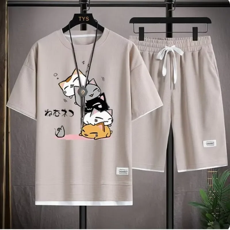 Men Summer Waffle Set Casual Fashion T Shirt Shorts Loose Comfortable Two Piece Sports Outfit Trendy Streetwear Clothing