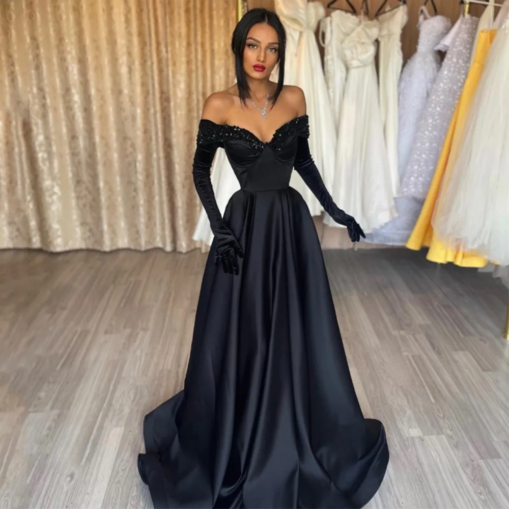 

Classic Black A Line Prom Dresses Off The Shoulder Sequines Party Dress Long Train Saudi Arabia Cocktail Gowns Robes De Soirée