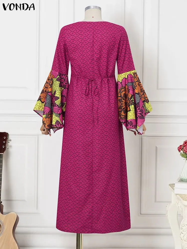Frauen Kleider VONDA Plus Größe Vintage Print 2025, Lange Flare Hülse Böhmischen Maxi Robe Casual Lose Herbst Party Lange Vestido 5XL