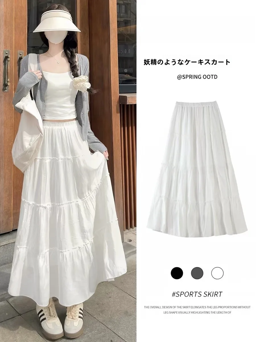 White High Waist A-Line Midi Skirt Women's Spring Autumn Summer Casual Cotton Blend Full Skirt Ballerina Cake Skirt