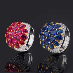 925 Sterling Silver Fireworks Ring for Women Ladies Luxury Red/Blue Cubic Zirconia Geometry Ring Wedding Party Jewelry Gift