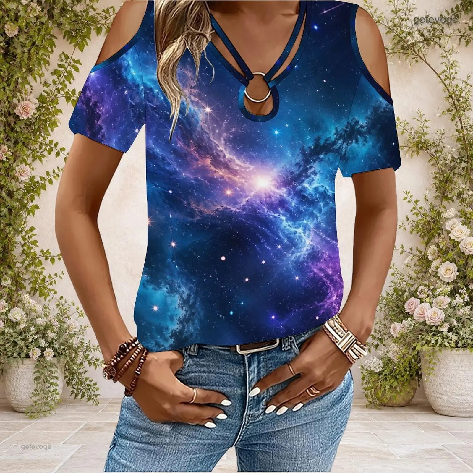 Women Cold Shoulder Short Sleeve T Shirt V Neck O Ring Keyhole Cutout Loose Casual Top Custom Print Ladies Daily Blouse - view 6