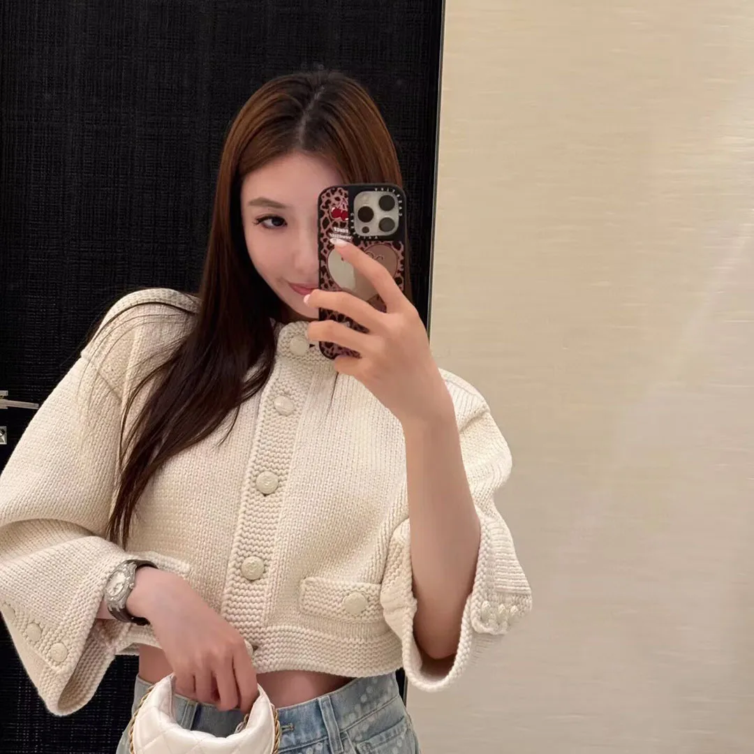 

Высококачественная грубая хлопчатобумажная пряжа, милые вязаные кардиганы, женские однобортные кардиганы с круглым вырезом и длинными рукавами, милый короткий дизайн, белый свитер