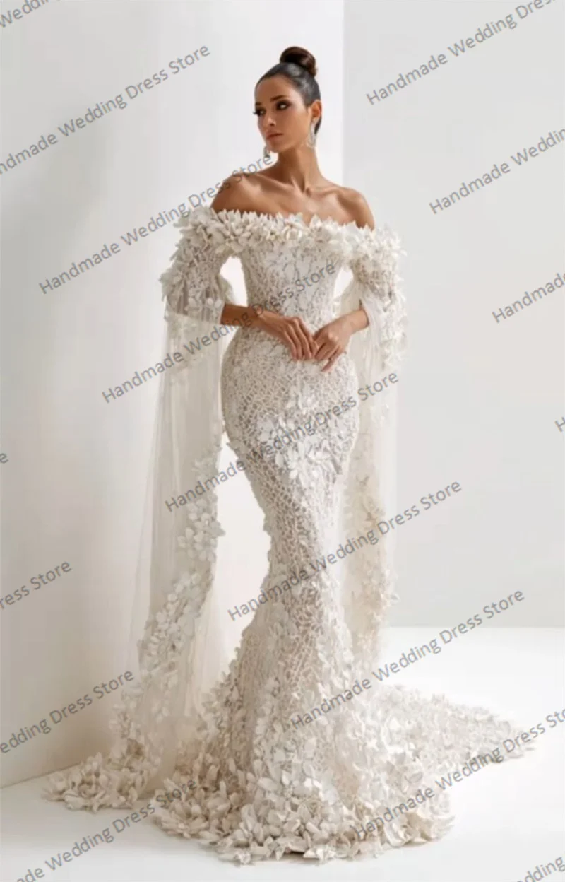 

Luxury Floral Wedding Dress Wrap Cape Sexy Off Shoulder Sheath Mermaid Bridal Evening Gown Customized Beach Garden Long Robe