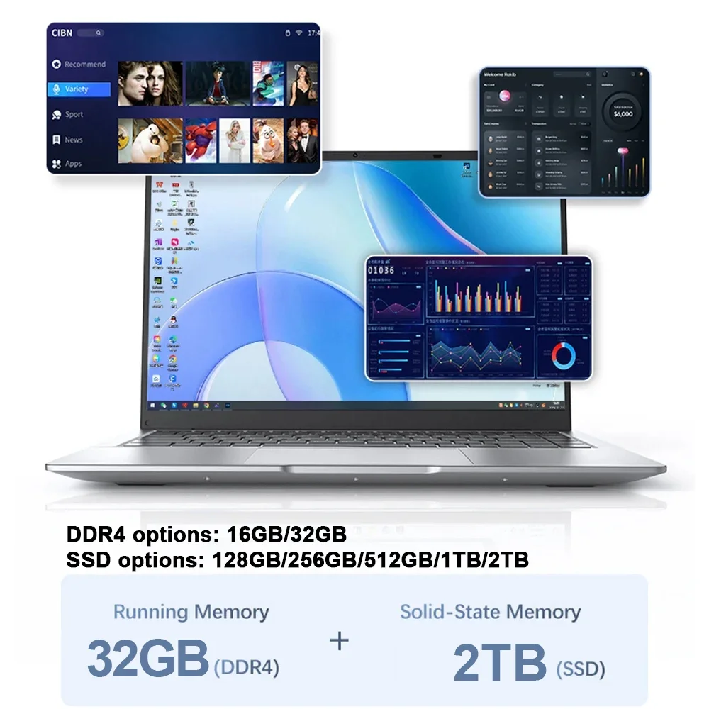 Nuevo Portátil Ultrafino de 14.1 Pulgadas 2026, Intel N95, Win11, DDR4, SSD de 2TB, Portátil Delgado para Negocios, Oficina, Estudiantes, 16GB/32GB RAM